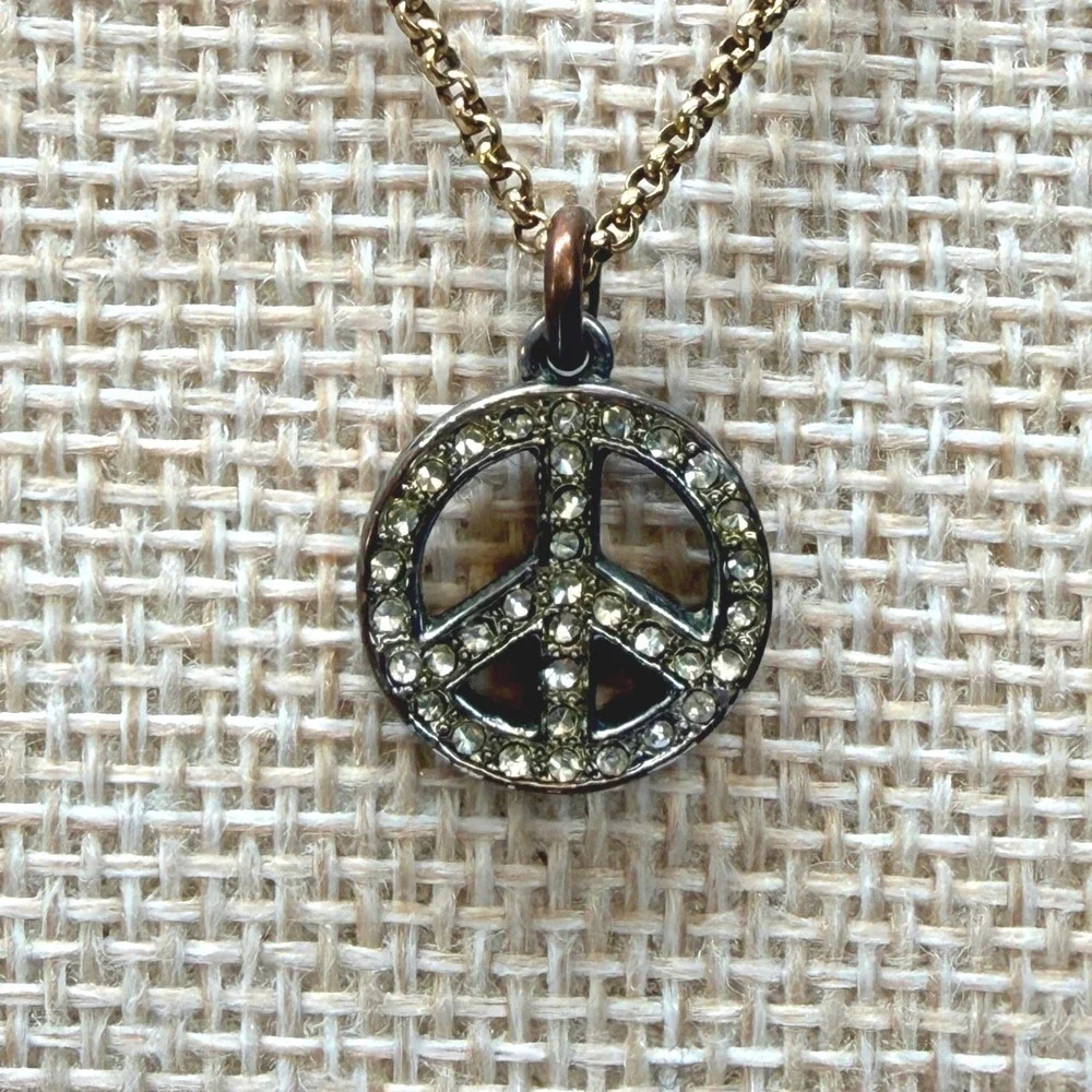 Juicy Couture Rhinestone Peace Sign Necklace Gold Tone Crown Logo Charm